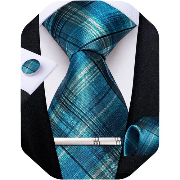 🆕Men Blue Plaid Silk Checkered Necktie Pocket Square Cufflinks Tie Clip Set - Picture 1 of 7